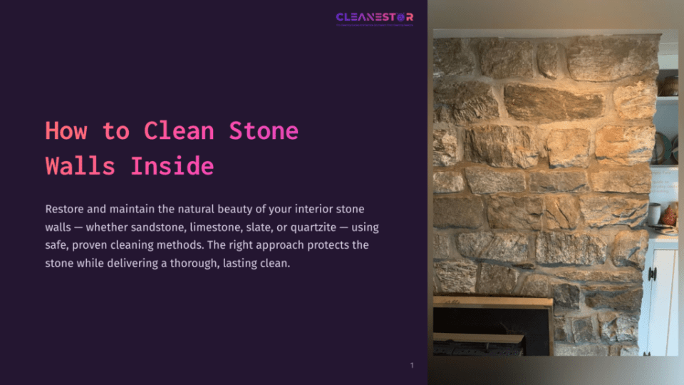 1 How To Clean Stone Walls Inside Close-Up Of A Textured Interior Stone Wall, Showcasing Rough-Hewn, Natural Stone Blocks In Varying Shades Of Grey, Tan, And Brown. &Quot;How To Clean Stone Walls Inside&Quot; Is Prominently Displayed In Large White And Purple Text On A Dark Purple Background To The Left.