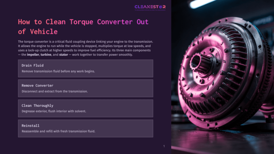1 How To Clean Torque Converter Out Of Vehicle Close-Up Of A Clean Torque Converter With A Dark, Industrial Background, Featuring Text Overlay Detailing Steps For Cleaning A Vehicle&Amp;Apos;S Torque Converter: Drain Fluid, Remove Converter, Clean Thoroughly, Reinstall.