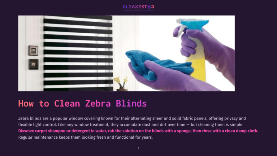 1 How To Clean Zebra Blinds Close-Up Of Hands Wearing Purple Cleaning Gloves Wiping A Blue Cloth On A Spray Bottle, With A Window Featuring Black And White Zebra Blinds In The Background.