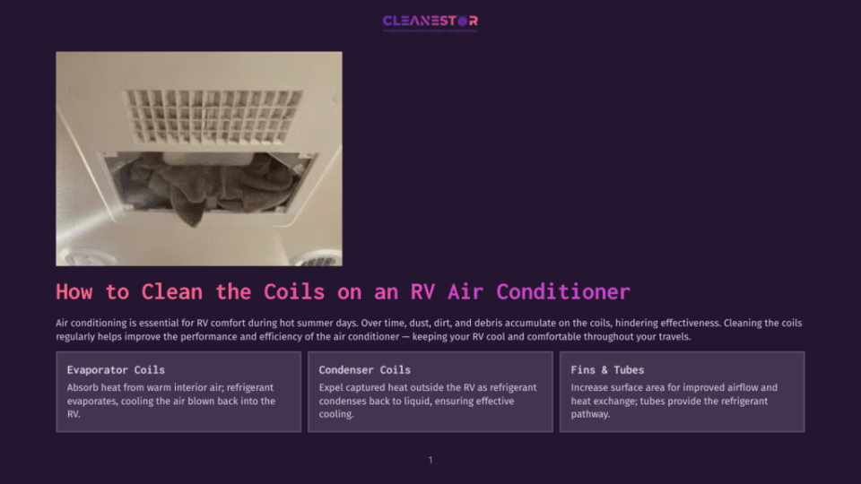 1 How To Clean The Coils On An Rv Air Conditioner Close-Up Of A Dirty Rv Air Conditioner Evaporator Coil, Covered In Dust And Debris, With The Text &Quot;How To Clean The Coils On An Rv Air Conditioner&Quot; Visible.