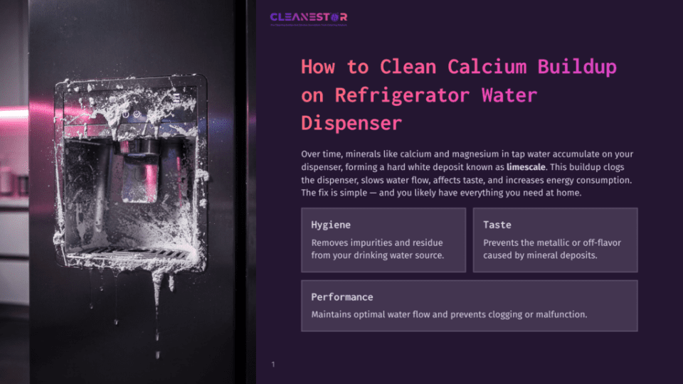 1 How To Clean Calcium Buildup On Refrigerator Water Dispenser A Refrigerator Water Dispenser Heavily Coated In White Calcium Buildup, With Water Drips Visible. Text Reads &Quot;Cleanestor&Quot; And &Quot;How To Clean Calcium Buildup On Refrigerator Water Dispenser&Quot;.