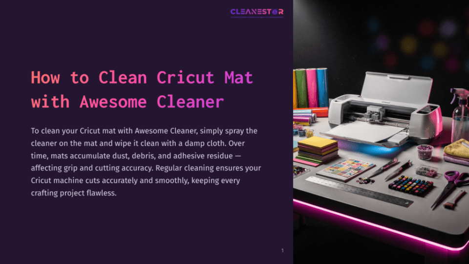 1 How To Clean Cricut Mat With Awesome Cleaner A Cricut Machine And Crafting Supplies Are Neatly Arranged On A Gray Surface, With Colorful Vinyl Rolls In The Background. The Text &Quot;How To Clean Cricut Mat With Awesome Cleaner&Quot; Is Prominently Displayed.