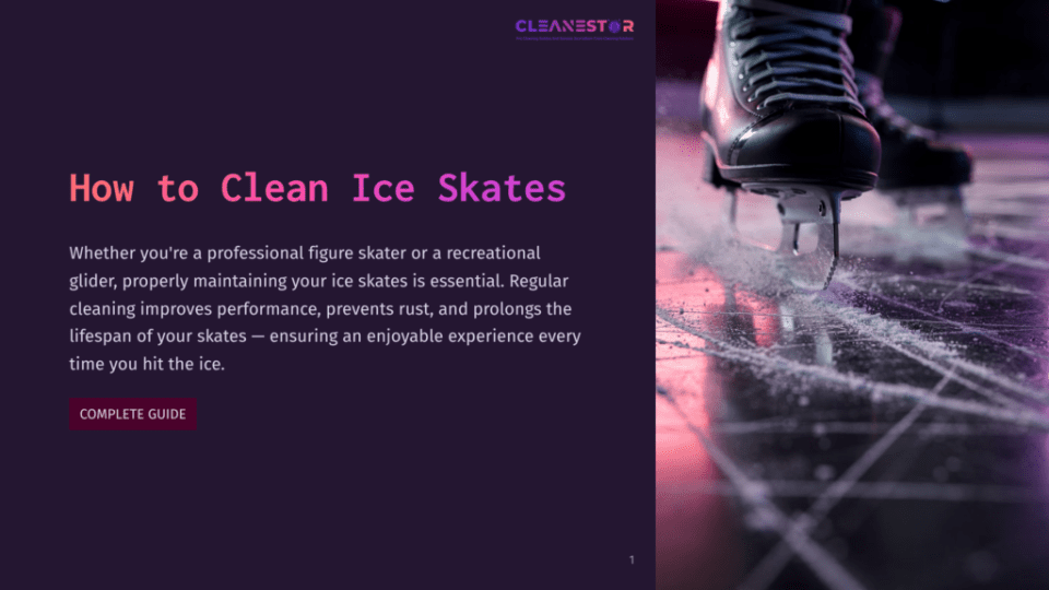 1 How To Clean Ice Skates Close-Up Of Ice Skate Blades On A Rink, With Purple And Pink Lighting Reflecting On The Ice. Text Overlay: &Quot;How To Clean Ice Skates&Quot;.