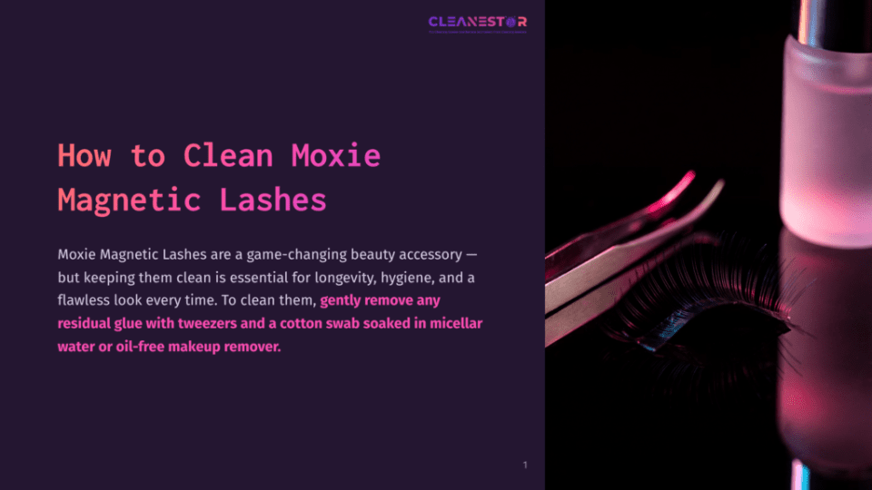 1 How To Clean Moxie Magnetic Lashes Close-Up Of Magnetic Eyelashes Being Held By Tweezers Over A Reflective Black Surface, With A Pink-Hued Bottle And Soft Lighting In The Background. &Quot;How To Clean Moxie Magnetic Lashes&Quot; Title Is Visible.
