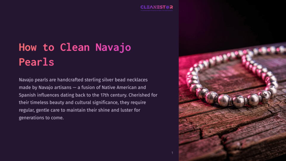 1 How To Clean Navajo Pearls A Close-Up Of A Navajo Pearl Sterling Silver Beaded Necklace On A Rustic Wooden Surface, Illuminated By Pink And Purple Lighting.