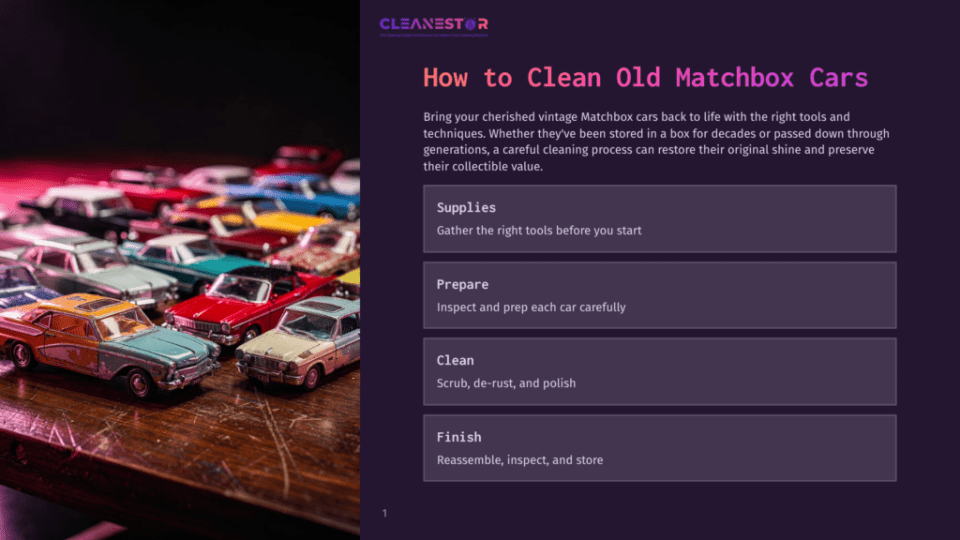 1 How To Clean Old Matchbox Cars Close-Up Of A Collection Of Vintage Matchbox Cars, Including A Red Convertible And A Light Blue Sedan, Displayed On A Wooden Surface.