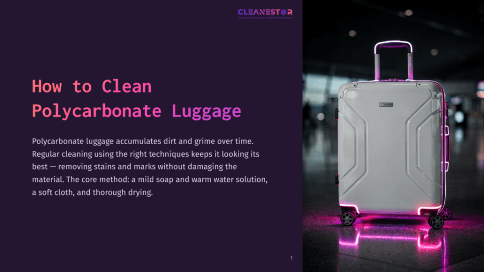 1 How To Clean Polycarbonate Luggage A White Polycarbonate Suitcase With Pink Led Lights On The Edges Stands On A Dark Floor In A Modern Airport Terminal. The Suitcase Has The Brand &Quot;Cleanestar&Quot; Visible On Its Front. The Image Text Reads &Quot;How To Clean Polycarbonate Luggage.