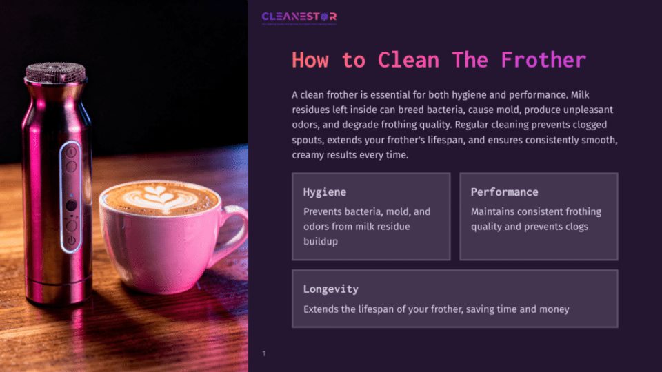 1 How To Clean The Frother A Sleek, Silver Milk Frother Stands Next To A Pink Ceramic Mug Filled With A Latte, Showcasing Latte Art. The Text &Quot;How To Clean The Frother&Quot; Is Visible.