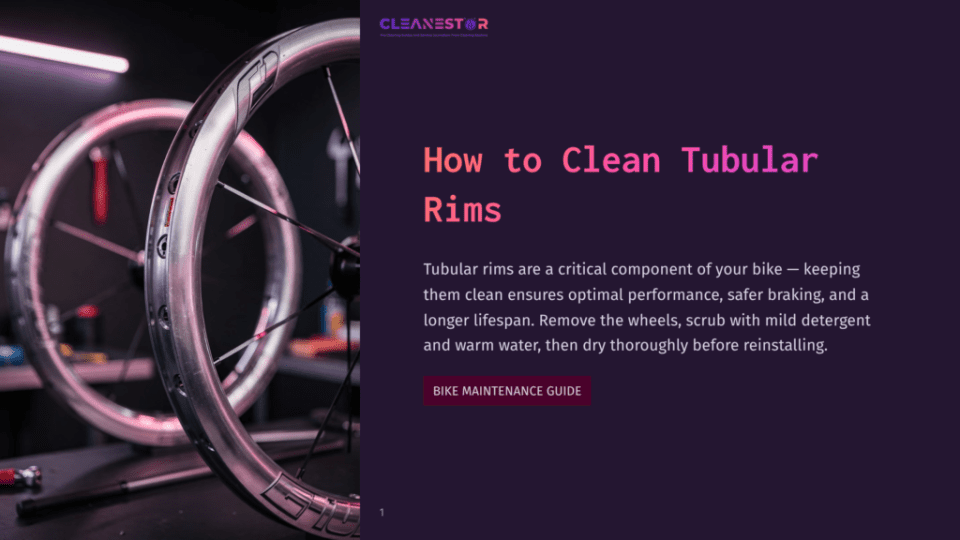 1 How To Clean Tubular Rims Close-Up Of Two Shiny Silver Bicycle Tubular Rims, One In Focus And The Other Slightly Blurred, With A Dark, Moody Background And The Text &Quot;Cleanestor&Quot; And &Quot;How To Clean Tubular Rims&Quot; Visible.