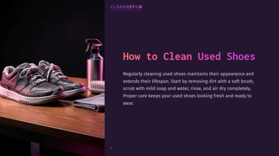 1 How To Clean Used Shoes Cleanestor Logo And Text &Quot;How To Clean Used Shoes&Quot; With A Pair Of Used Black Leather Sneakers, A Spray Bottle, And A Cleaning Brush On A Wooden Surface.