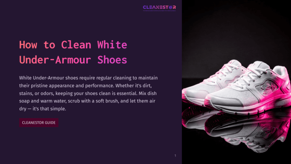 1 How To Clean White Under Armour Shoes Two White Under Armour Sneakers With Pink Accents Sit On A Reflective Black Surface, With A Dark Background. Text Overlay Reads &Quot;How To Clean White Under-Armour Shoes&Quot;.