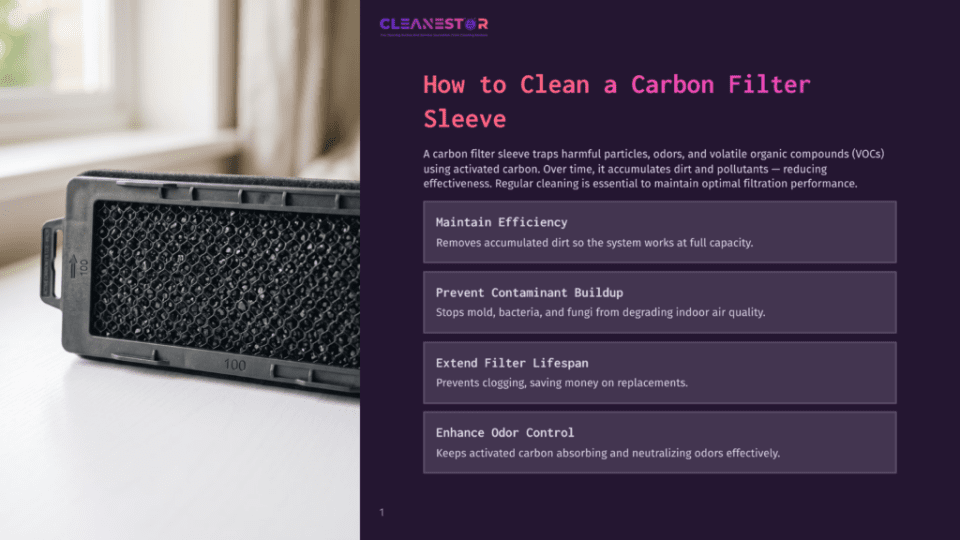 1 How To Clean A Carbon Filter Sleeve Close-Up Of A Rectangular Activated Carbon Air Filter Sleeve With A Visible Honeycomb Structure, Used For Cleaning Air And Removing Odors. The Text &Quot;Cleanestor&Quot; And &Quot;How To Clean A Carbon Filter Sleeve&Quot; Is Visible.