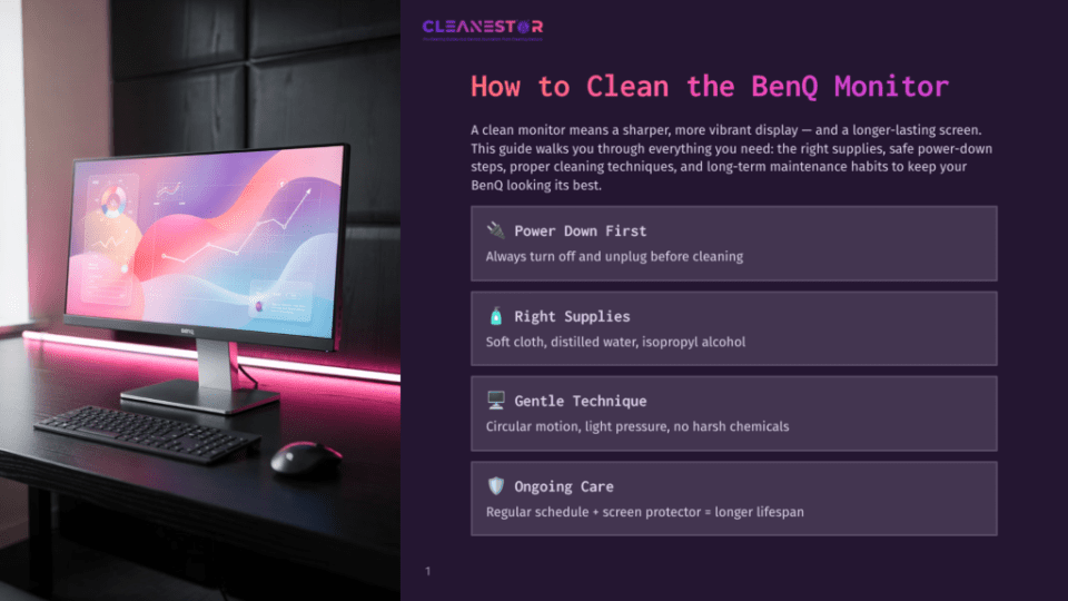 1 How To Clean The Benq Monitor A Clean, Modern Benq Monitor Sits On A Dark Desk, Reflecting Pink And Purple Light. The Screen Displays A Colorful Graph With Rising Lines. A Keyboard And Mouse Are In The Foreground, With Text Overlaying The Right Side Of The Image Detailing &Quot;How To Clean The Benq Monitor&Quot; With Steps Like &Quot;Power Down First&Quot; And &Quot;Right Supplies.