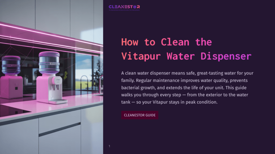 1 How To Clean The Vitapur Water Dispenser How To Clean The Vitapur Water Dispenser&Quot; Title Card With A Pink Vitapur Water Dispenser On A White Countertop, With A Purple Gradient Background And Neon Pink Lighting.