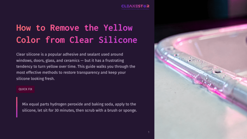 1 How To Remove The Yellow Color From Clear Silicone Close-Up Of Clear Silicone Sealant With Pink And Purple Led Lighting Reflecting On Its Wet Surface. Text On The Left Reads: &Quot;How To Remove The Yellow Color From Clear Silicone.