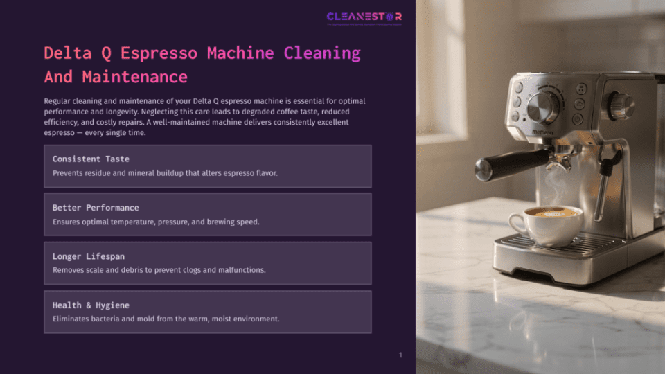 1 Delta Q Espresso Machine Cleaning And Maintenance Delta Q Espresso Machine Cleaning And Maintenance: A Close-Up Of A Shiny Chrome Espresso Machine With Steam Rising From The Portafilter, Brewing A Cup Of Coffee, With Text Overlay Listing Cleaning Benefits Like Consistent Taste And Longer Lifespan.