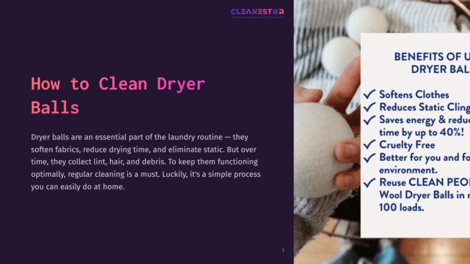 1 How To Clean Dryer Balls Close-Up Of A Person Holding White Dryer Balls, With A Dark Purple Background Detailing Cleaning Tips And Benefits Of Dryer Balls.
