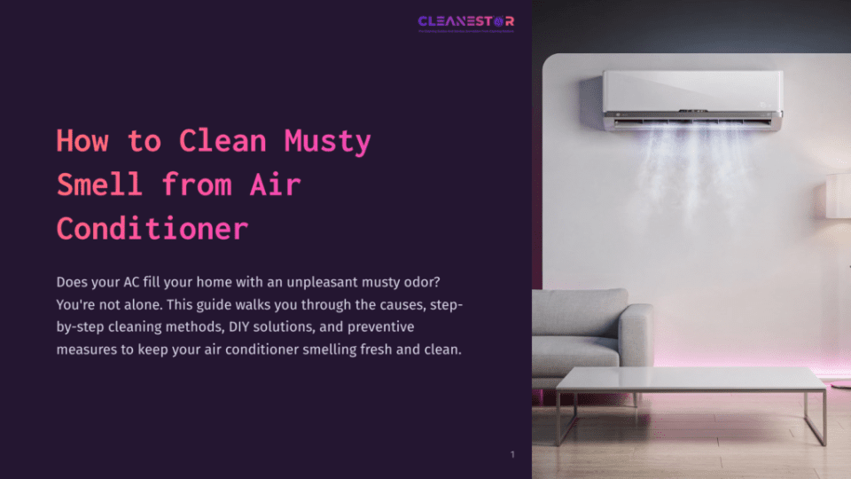 1 How To Clean Musty Smell From Air Conditioner A Modern Living Room With A White Sofa And Coffee Table, Featuring A Wall-Mounted Air Conditioner Blowing Cool, Misty Air. The Text &Quot;How To Clean Musty Smell From Air Conditioner&Quot; Is Prominently Displayed.