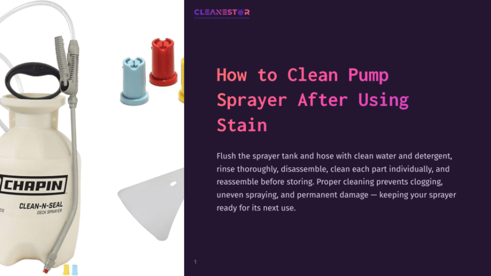 1 How To Clean Pump Sprayer After Using Stain A Pump Sprayer With A Clear Tank, Colorful Nozzles, And A Gray Washing Tool, Set Against A Dark Purple Background.