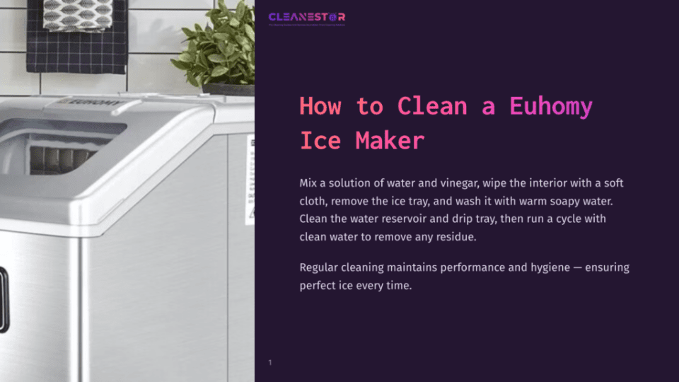 1 How To Clean A Euhomy Ice Maker A Silver Euhomy Ice Maker Is Shown On A Countertop, With Cleaning Instructions Displayed In Text On The Right Side.