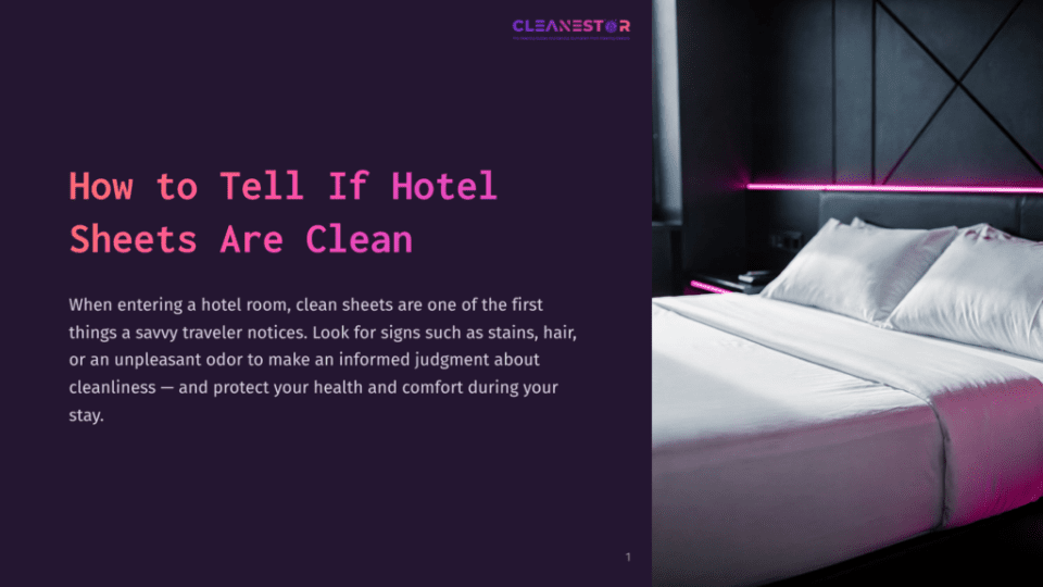 1 How To Tell If Hotel Sheets Are Clean A Neatly Made Hotel Bed With Crisp White Sheets And Pillows, Illuminated By Soft Pink Neon Lighting, With The Title &Quot;How To Tell If Hotel Sheets Are Clean&Quot; On The Left.
