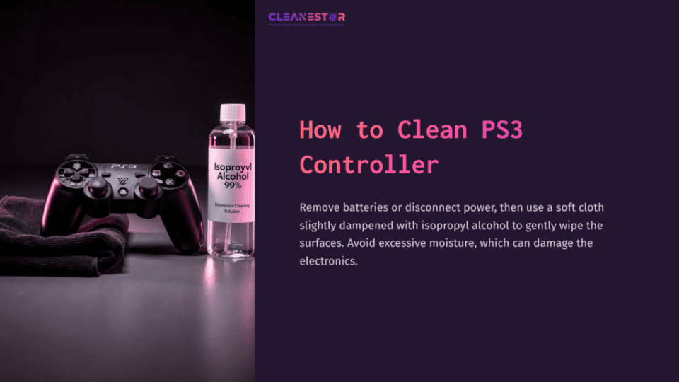 1 How To Clean Ps3 Controller A Black Ps3 Controller Beside A Bottle Of Isopropyl Alcohol On A Purple Background, With Cleaning Instructions In White Text.