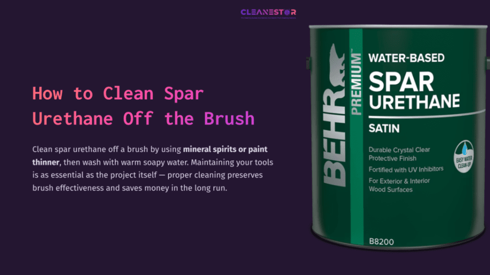 1 How To Clean Spar Urethane Off The Brush A Green Can Of Behr Premium Spar Urethane Sits Against A Purple Background With Text About Cleaning Brushes.