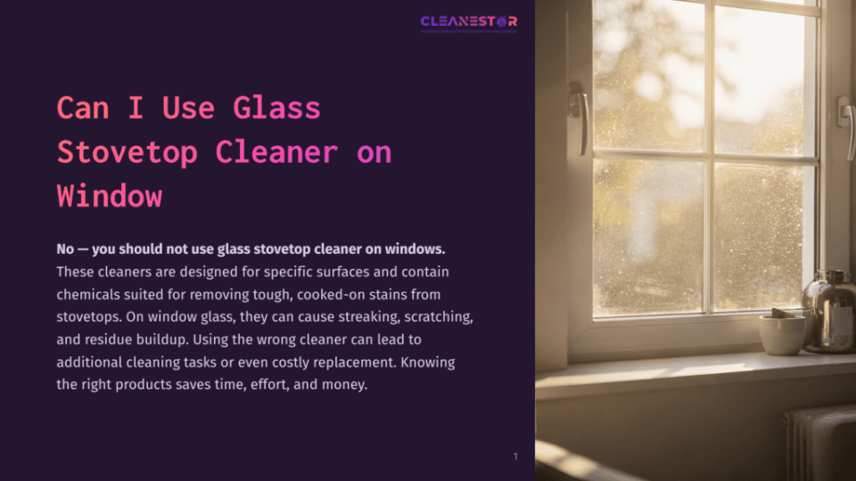 1 Can I Use Glass Stovetop Cleaner On Window A Sunlit Window With Water Spots And Streaks, Suggesting It Needs Cleaning. A Glass Jar Sits On The Windowsill, Hinting At Cleaning Products Or Storage.