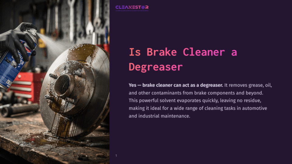 1 Is Brake Cleaner A Degreaser A Gloved Hand Sprays Brake Cleaner Onto A Rusty Car Brake Rotor On A Wooden Workbench, With A Cleanestor Logo And Text &Quot;Is Brake Cleaner A Degreaser?&Quot; Visible.