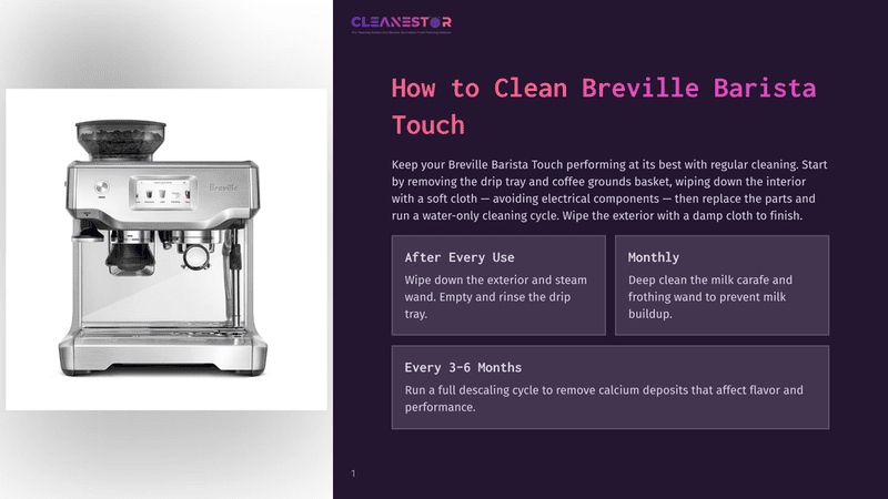 1 How To Clean Breville Barista Touch A Silver Breville Barista Touch Espresso Machine Sits On A White Surface, With A Digital Display Showing Coffee Options And A Portafilter In Place. The Text &Quot;Cleanestor&Quot; Is Visible In The Upper Right Corner.