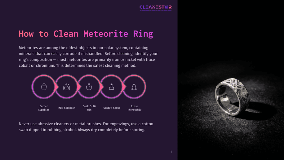 1 How To Clean Meteorite Ring Diagram Showing How To Clean A Meteorite Ring: Gather Supplies, Mix Solution, Soak 5-10 Min, Gently Scrub, And Rinse Thoroughly. A Detailed Meteorite Ring Is Shown.