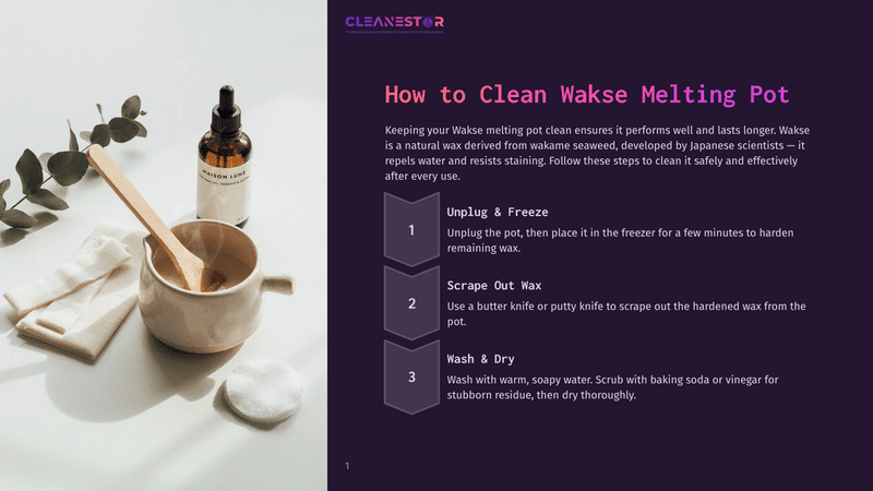 1 How To Clean Wakse Melting Pot A White Ceramic Wax Melting Pot With A Wooden Spoon And A Bottle Of Maison Lune Massage Oil Sits On A Light Cloth Next To A Sprig Of Eucalyptus, With Instructions On How To Clean A Wax Melting Pot.