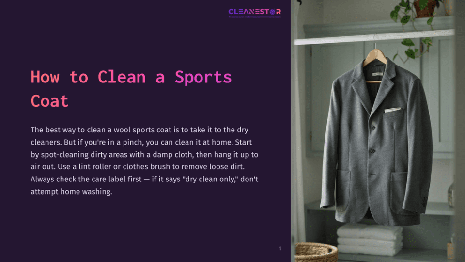 1 How To Clean A Sports Coat A Gray Wool Sports Coat Hangs On A Wooden Hanger On A Rack, With A Stack Of White Towels Below. The Text &Quot;How To Clean A Sports Coat&Quot; Is Visible On The Left.