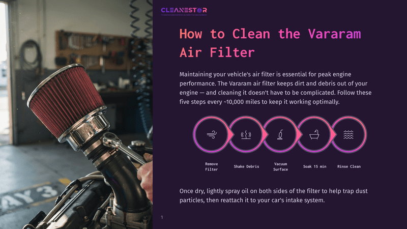 A Red Cone-Shaped Vararam Air Filter Is Shown With A Motorcycle Engine In The Foreground. The Background Is A Workshop With Tools On The Wall. Text Reads &Quot;How To Clean The Vararam Air Filter.