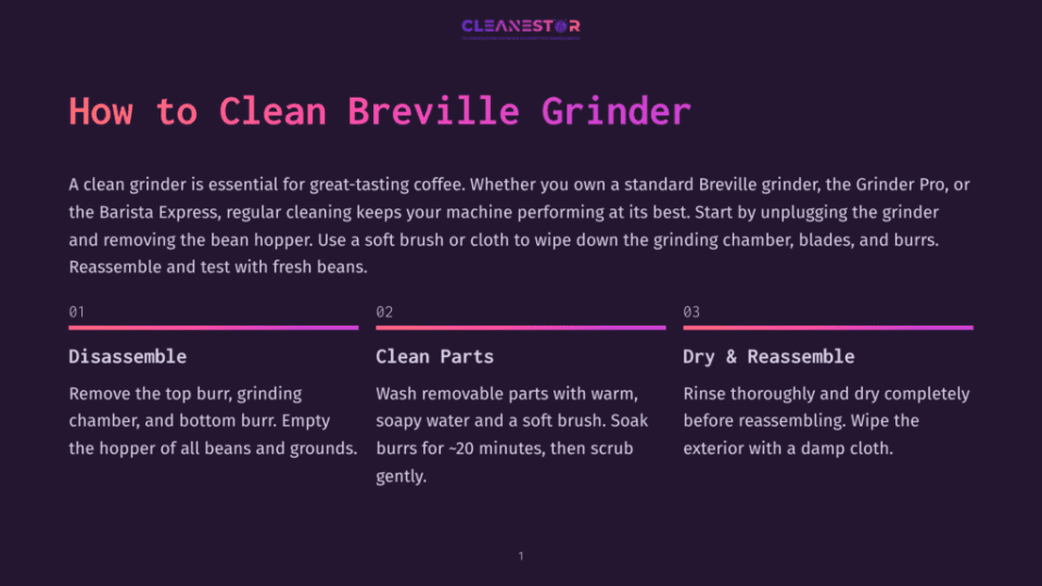 1 How To Clean Breville Grinder Breville Grinder Cleaning Guide With Three Steps: Disassemble, Clean Parts, And Dry &Amp; Reassemble. Text Details How To Clean A Breville Grinder.