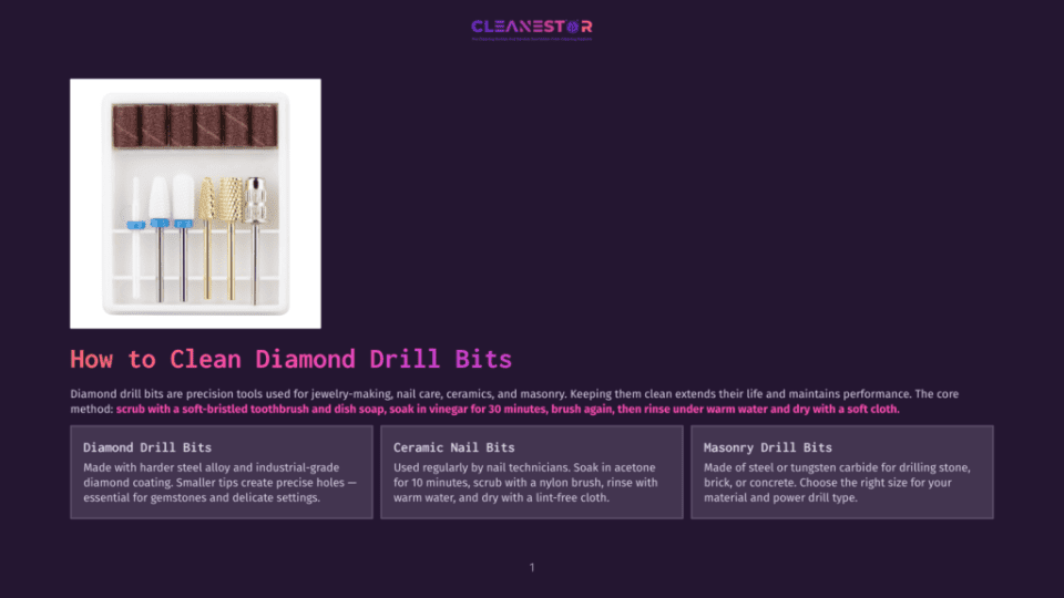 1 How To Clean Diamond Drill Bits Diamond Drill Bits For Cleaning, Including Various Sizes And Types For Jewelry, Nails, And Masonry, Shown In A White Box With A Purple Cleanestor Logo And Text About Cleaning Diamond Drill Bits.