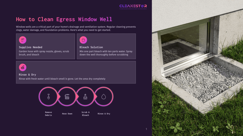 1 How To Clean Egress Window Well Diagram Illustrating How To Clean An Egress Window Well, Showing Steps For Supplies, Bleach Solution, Rinsing, Removing Debris, Hose Down, Scrub, And Final Rinse.