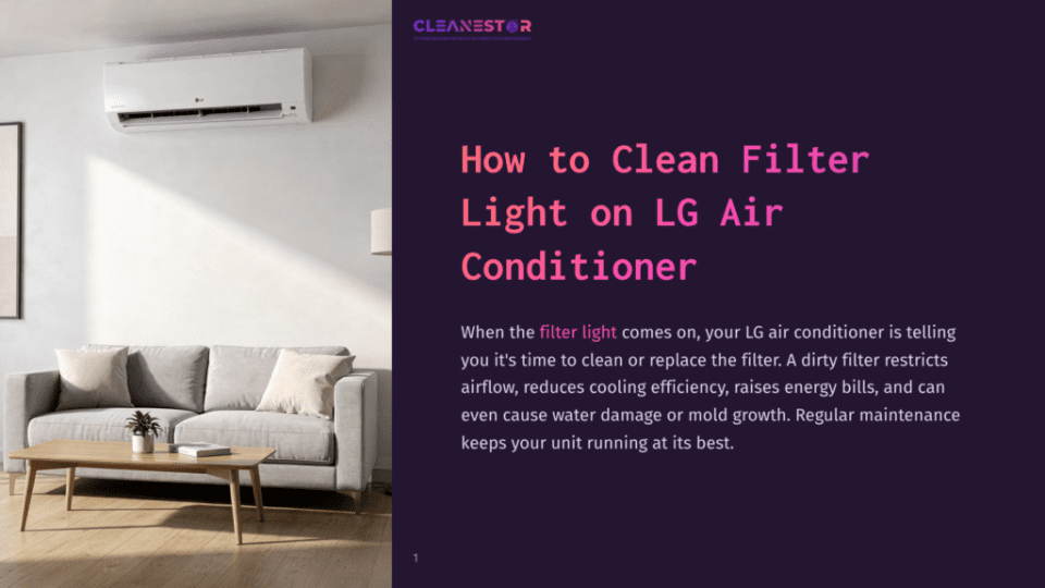 Cleanestor Logo And &Quot;How To Clean Filter Light On Lg Air Conditioner&Quot; Text Overlayed On A Modern Living Room With A White Lg Air Conditioner Mounted On The Wall Above A Grey Sofa And Wooden Coffee Table.