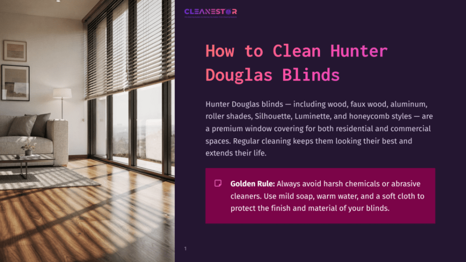 1 How To Clean Hunter Douglas Blinds Cleanestor Logo And &Quot;How To Clean Hunter Douglas Blinds&Quot; Title On A Dark Purple Background, With A Photo Of A Modern Living Room With Large Windows And Wood Blinds.