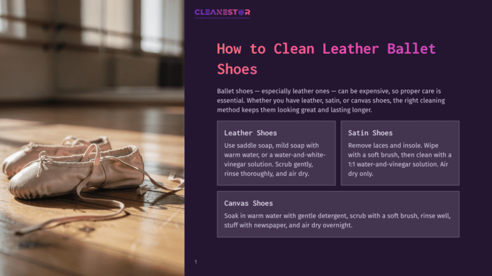 1 How To Clean Leather Ballet Shoes Two Pairs Of Ballet Shoes On A Wooden Surface: One Pair Of Leather Ballet Shoes With Saddle Soap And One Pair Of Satin Ballet Shoes With A Soft Brush, Emphasizing The Importance Of Cleaning Methods For Leather And Satin Ballet Shoes.