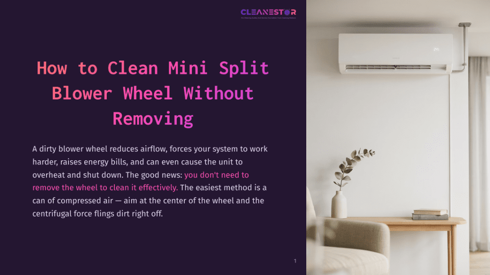 1 How To Clean Mini Split Blower Wheel Without Removing A White Mini-Split Air Conditioner Unit Is Mounted High On A White Wall Above A Light Wood Table. The Table Has A Small Green Plant In A White Vase And Two Stacked Books. Text On The Left Reads: &Quot;Cleanestor How To Clean Mini Split Blower Wheel Without Removing&Quot;.