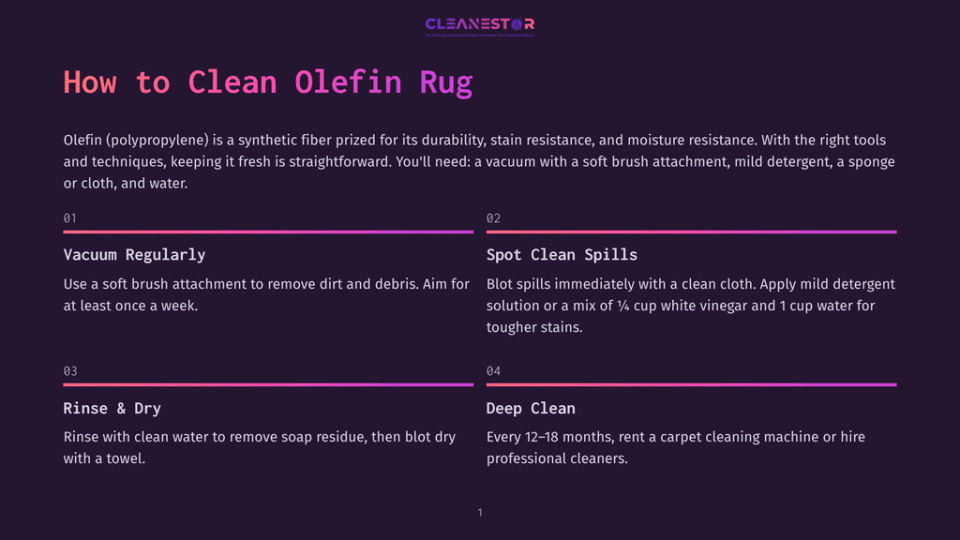 1 How To Clean Olefin Rug 1 Infographic Titled &Quot;How To Clean Olefin Rug&Quot; With Steps: Vacuum Regularly, Spot Clean Spills, Rinse &Amp; Dry, And Deep Clean.