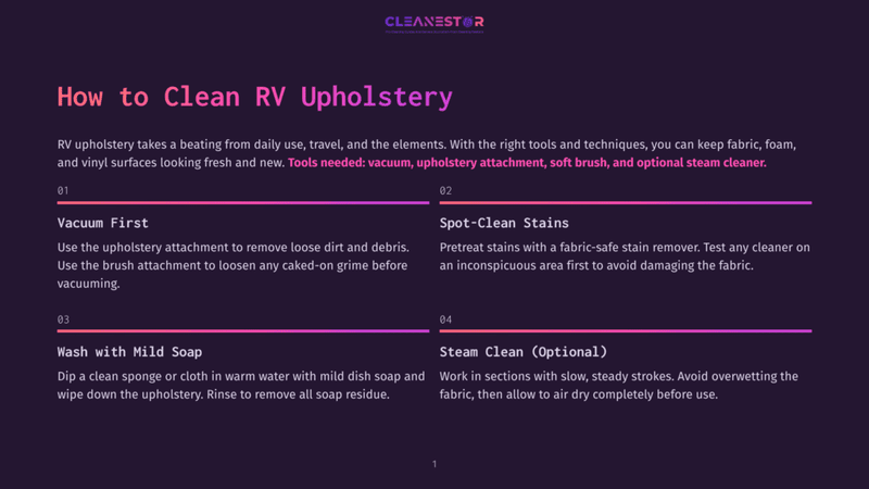 1 How To Clean Rv Upholstery Cleanest Rv Upholstery Guide: Steps For Vacuuming, Spot-Cleaning Stains, Washing With Mild Soap, And Steam Cleaning.
