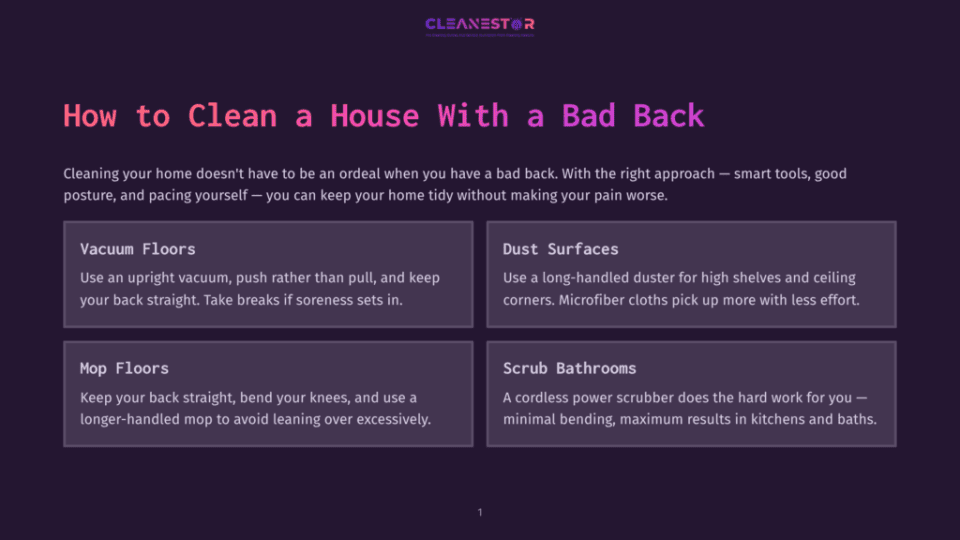 1 How To Clean A House With A Bad Back Infographic Titled &Quot;How To Clean A House With A Bad Back&Quot; With Sections On Vacuuming, Dusting, Mopping, And Scrubbing Bathrooms, Offering Tips For Ergonomic Cleaning.