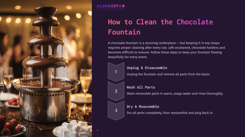 1 How To Clean The Chocolate Fountain A Decadent Chocolate Fountain Flows With Rich, Dark Chocolate, Set At A Party With Bokeh Lights And Champagne Glasses In The Background. Text Overlay: &Quot;How To Clean The Chocolate Fountain.