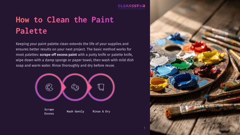 1 How To Clean The Paint Palette A Wooden Artist'S Palette Is Filled With Vibrant Oil Paints In Red, Yellow, Blue, And Green, Surrounded By Brushes. The Image Also Displays Text On The Left: &Quot;How To Clean The Paint Palette&Quot; And Icons Illustrating Scraping, Washing, And Rinsing.