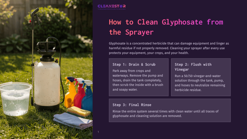 1 How To Clean Glyphosate From The Sprayer A White Pump Sprayer Sits On Green Grass Next To A Clear Bucket Of Water, Colorful Cleaning Bottles, And Sponges, With Text Overlay &Quot;How To Clean Glyphosate From The Sprayer&Quot;.