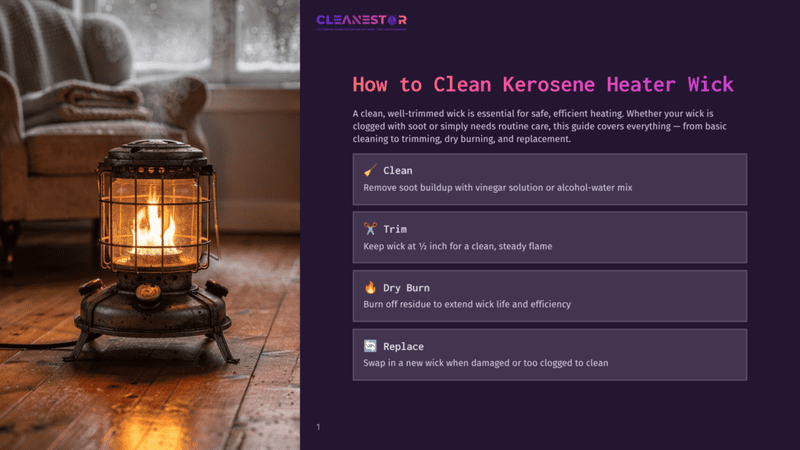 1 How To Clean Kerosene Heater Wick A Kerosene Heater On A Wooden Floor, With A Glowing Flame, Surrounded By A Blurred Living Room With A Chair And Window. The Text Reads &Quot;How To Clean Kerosene Heater Wick,&Quot; Guiding Users On Cleaning Their Heater Wick.