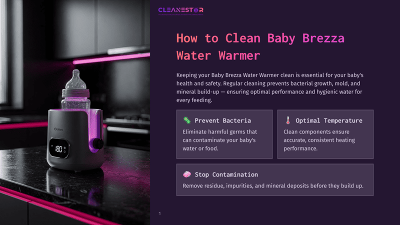1 How To Clean Baby Brezza Water Warmer A Baby Bottle Warmer With A Purple Glow Displays 180 Degrees On Its Screen, Sitting On A Dark Countertop Next To A Bottle. The Text &Quot;Cleanestor&Quot; Is Visible At The Top Of The Image.