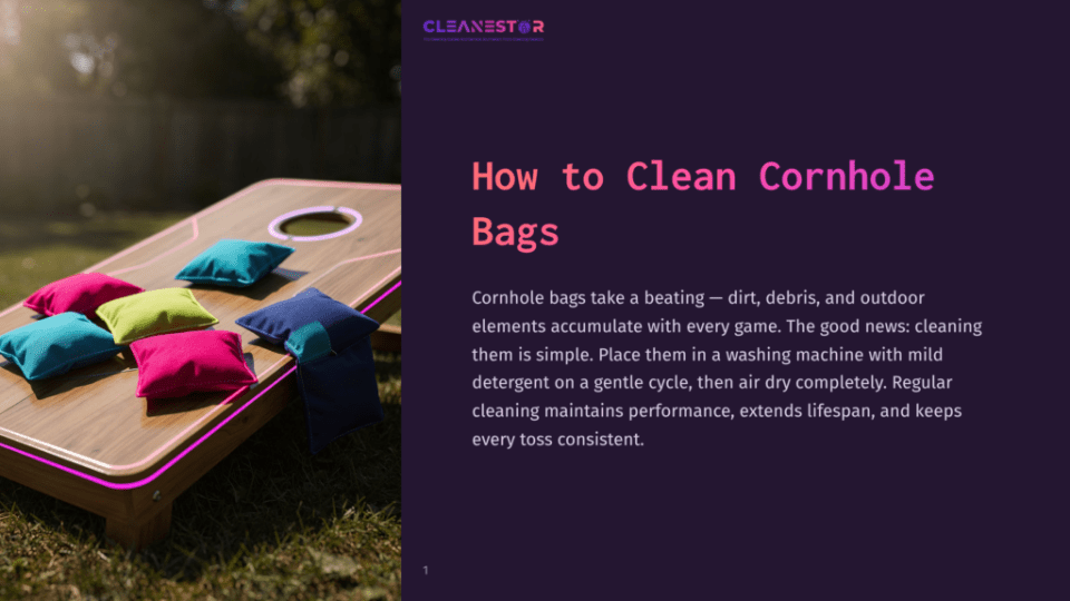 Cornhole Bags In Vibrant Colors Like Pink, Green, And Blue Rest On A Wooden Cornhole Board With Glowing Pink Led Lights. Text Overlay Reads &Quot;Cleanestor&Quot; And &Quot;How To Clean Cornhole Bags.